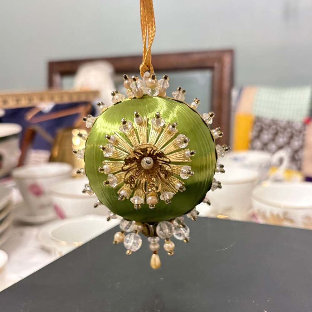 Vintage Handcrafted Green Satin Push Pin Beaded Christmas Ornament